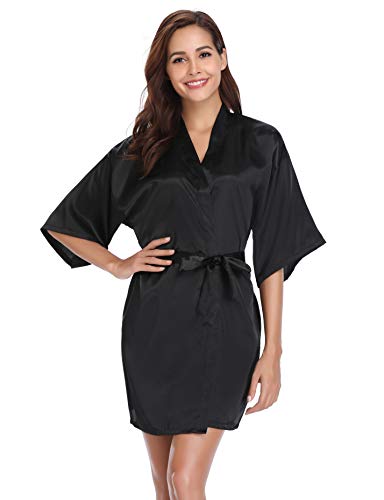 Vlazom Women's Kimono Robes Short Satin Silk Bridal Party Robe With Oblique V-Neck Black #TOP1