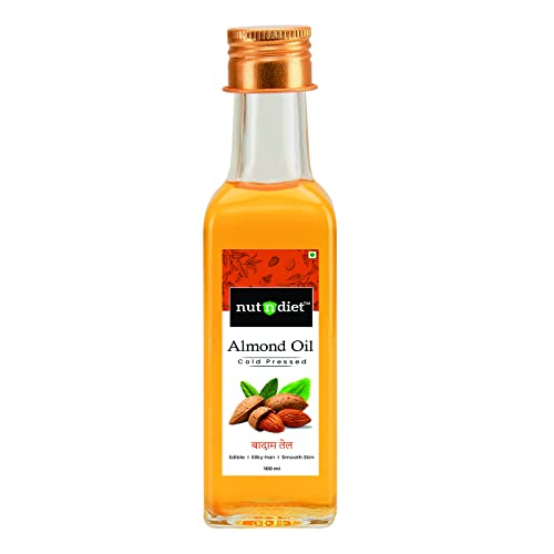 Image of nutndiet Sweet Almond Oil 100ml - Glass Bottle Pure Cold Pressed Badam Tel, Rich in Vitamin-E, Natural Edible Oil, Hair Skin & Face Care, Body Massage.
