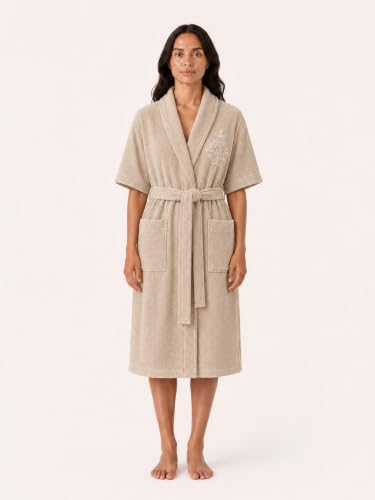 Image of RANGOLI Royal Bamboo Premium Bathrobe For Women | Ultra Soft Bamboo Yarn Lightweight Bathing Robes | 460 GSM Highly Absorbent & Quick Drying Luxurious Bath Gown | Knee Length Bath Robe - Beige