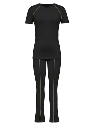 Image of STOLKISS Women 2 Piece Outfits Summer Workout Sweatsuit Striped Short Sleeve Long Flare Pants Casual Travel Tracksuit