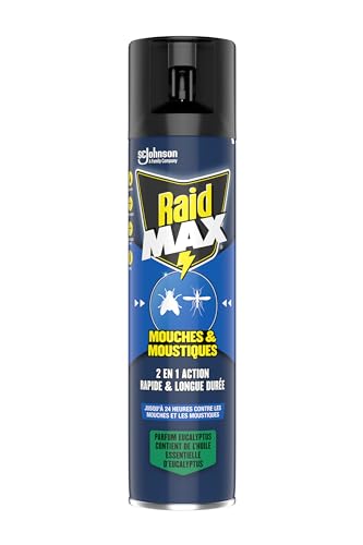Raid Max Aérosol Mouches et Moustiques - 2 en 1 Action Rapide et Longue Durée - Parfum Eucalyptus - Jusqu'à 24h d'Efficacité - 1 Aérosol