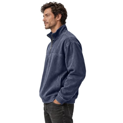 Denim Shirt Men Washed Retro Quarter Zip Pullover Top with Pockets - image 6
