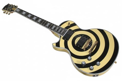 Guitarra eléctrica for zurdos, diseño gráfico de círculos negros y amarillos, dos humbuckers