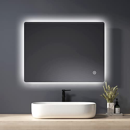 Heilmetz Espejo de baño con retroiluminación LED, 80 x 60 cm, Espejo de baño con Interruptor táctil y función antivaho, Regulable, Tres Colores, Tipo9