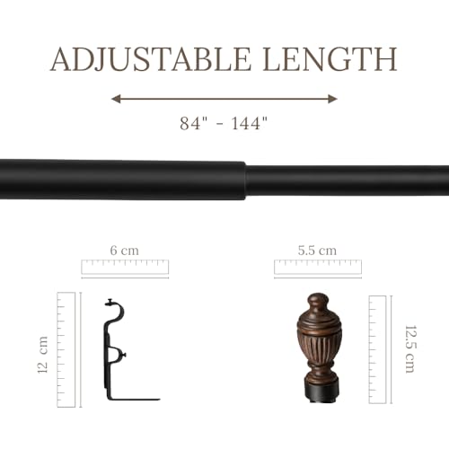 Image of Decor Mart Window Casa 84 inch-144 inch Adjustable Double Curtain Rod For Door & Windows With Brackets Set Curtains Hanging Extendable Iron Metal Pipe Holder With Carved Brown Wood Finial Black, 0.75 Diameter