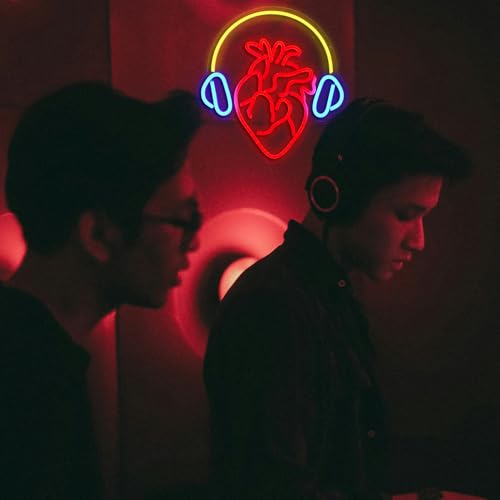Image of Heartbeat Melody Neon Sign USB Heart LED Signs Headphone Music Neon Light Sign Wall Decor for Bedroom Bar Gifts for Musicians Lovers Gamers