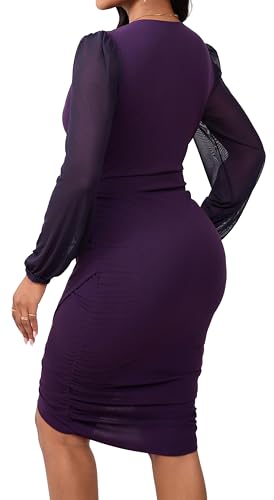 Image of SeNight Women Church Dress Sexy V Neck Dresses Bodycon Black Long Sleeve Mini Dresses