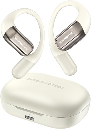 【モンスター2025年流行り 音質強化版 オープンイヤー型】Monster ワイヤレスイヤホン bluetooth オープンイヤー型ワイヤレスイヤホン イヤーカフ型左右自動認識 ビーンズ型曲面デザイン マルチポイント接続 ホワイト