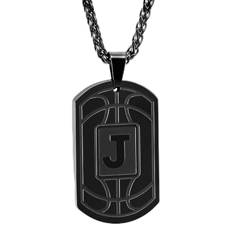 Fervia Basketball Initial Necklace for Men Dog Tag Stainless Steel Black Letter Pendant Sport Basketball Athletes Jewelry Gifts Birthday Gifts for Men Boys kids Boyfriend(J)