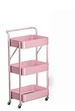 FUQIKEY 収納ラック・収納カート・3 層ローリングカート・キッチンワゴン・アイランド キッチン向け 3 段・キャスター付き・大容量・60kg 耐荷重・折り畳み可 - ブラック (ピンク)