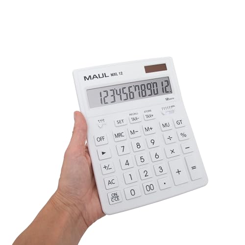 Maul Kaufmännischer Taschenrechner MXL12 | 12 Stellen | inkl. Steuerberechnung | angewinkeltes Display |großer Profi-Tischrechner | Solarbetrieben | inklusive Batterie | 20,5 x 15,5 cm | Weiß