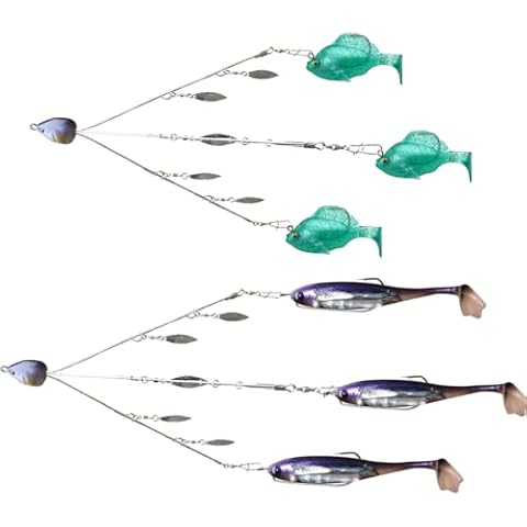 Ultimate Alabama Rig Fishing Kit, 3 arms Umbrella Rigs for Striped Bass Fishing, Trolling Bladed a rig (3-amr Kit 2 Set with Pruple and Blue softbait) Cover
