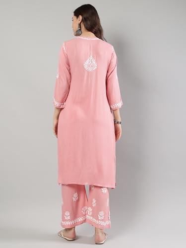Image of Seva Chikan Hand Embroidered Lucknowi Chikankari Rayon Kurta and Palazzo Set SCL8037