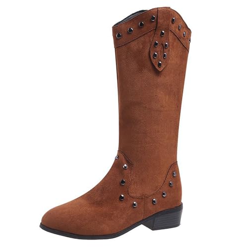 Generisch Botines para mujer, elegantes, antideslizantes, de media caña ancha, tacón de bloque, botas occidentales, tacón, botas de invierno, botas de mujer, botas de media altura, marrón, 36 EU