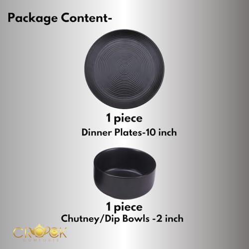 Ceramic Handcrafted Stoneware Ribbed Black Plate for Dinner Full Plate(10 inch) with Free Chutney/Serving Dip/Bowl-Set of 1(Microwave & Dishwasher Safe,CC-B1)