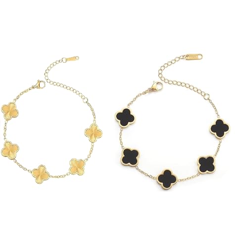 PHOENIX NEST18K gold-plated double-sided women's adjustable clover lucky bracelet, white/black/red/green/red/orange/yellow/blue/indigo/purple flower lucky four leaf bracelet set, charming and fashionable jewelry giftBanquet/Christmas Gift (黑/金, Alloy Steel, 6.9, Inches)