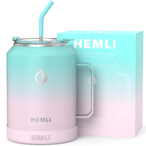 Hemli 50 oz Mug Tumbler with Handle and Lid, Large Insulated Tumbler with Straw, Stainless Steel Big Tumbler, Double-Walled Vacuum-Sealed, Two Straws and (Green Pink)