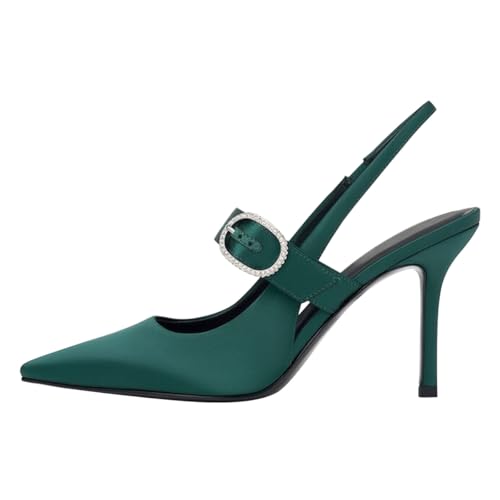 FOWT Women Pointed Toe Backless Pumps Stiletto High Heel Slingbacks Rhinestone Buckle Formal Office Party Shoes Size 4-16 US2