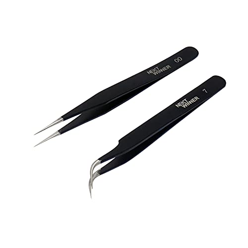 Image of SET OF 2 Precision black coated Stainless Steel Tweezers - Straight & Curved for Electronics, Jewelry-Making, Craft, Soldering, etc