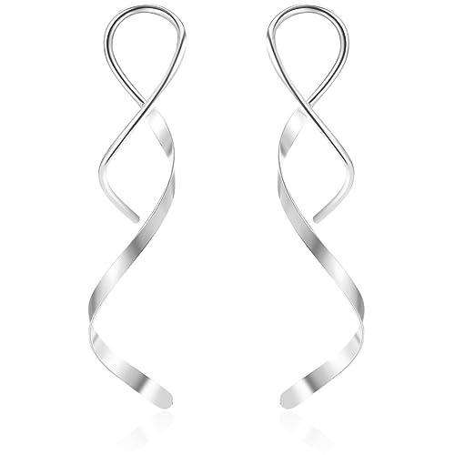 Kwuncci Spiral Threader Earrings, 18G Handmade Stainless Steel Earrings For Women, Twisted Linear Curved Pull Through Earrings Silver Gold Drop Dangle Earrings Jewelry For Women #TOP19
