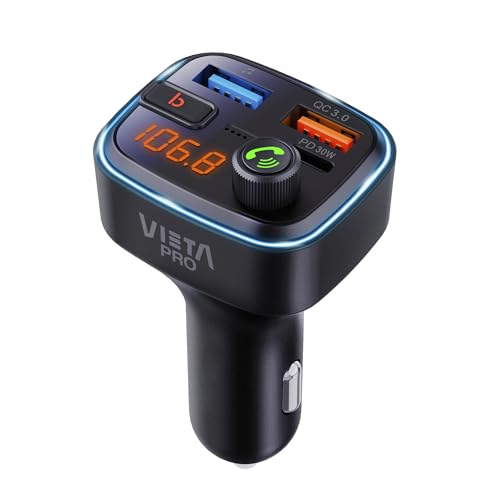 Vieta Pro transmisor FM Bluetooth 5.3, QC3.0 Adaptador inalámbrico Manos Libres con Carga Rápida, Reproductor MP3 Bluetooth inalámbrico, 2 USB+1 Tipo C, Llamadas, Soporte Mechero para Coche