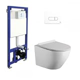 MÁXIMA CALIDAD: Sanitario Wc Suspendido de fondo reducido de cerámica de alta calidad y Asiento Extrafino Thermodur con + Cisterna Empotrada. Pack Taza de Inodoro Suspendido + Asiento Extrafino + Juegos de Fijación + Cisterna de Doble Descarga con Estructura Metálica + Pulsador Blanco y Cromo Brillo. Medidas del WC: 49,0 x 36,5 x 32 cm (fondo x ancho x alto)