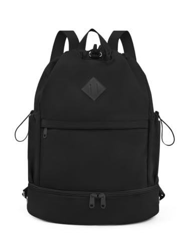 Image of RHDZO Drawstring Gym Backpack with Shoe Compartment and Wet Pocket, Black