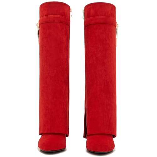 Image of Fold Over Boots for Women Pointy Pull-on Wedge Heel Knee Shark Boot With Side Zipper Padlock Design