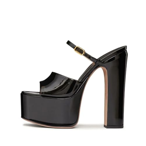 Sexy Black shiny Leather Platform Mules Round toe Pull-on Super high heel slides-sandals Chunky heeled Slippers Large size Peep toe slippers