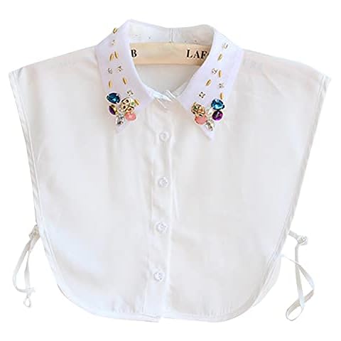 LoudSung False Collar Detachable Half Shirt Blouse Elegant Fake Collar Colored Crystal Decorative Design for Women Girls White Cover