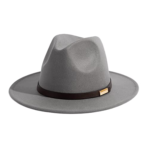 Gossifan Fedora Hats for Men Wide Brim Panama Hat with Classic Belt-B Belt Light Grey