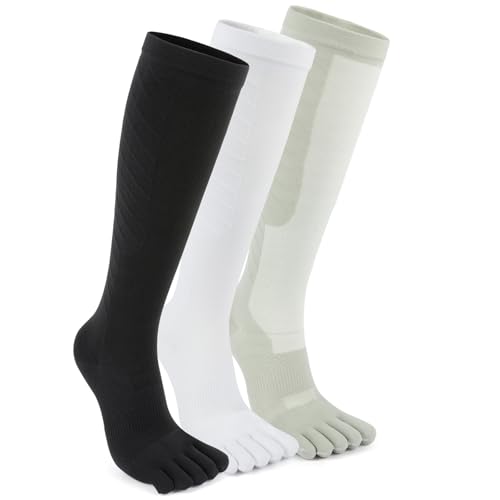 Deepfuls Compression Toe Socks for Men and Women 15-20mmHg Knee High Five Finger Stockings for Travel Flight Work Sports & Everyday Wear, Multicolor Large 3 Pairs