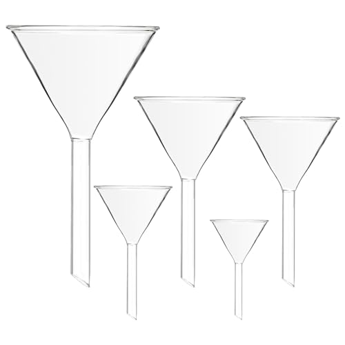 NAMOARLY 5pcs Glass Triangle Funnel Set with Long Spout 30-75mm Diameter, Temperature Resistant Glassware for Chemical Filtering and Bottle Filling in Scientific and Industrial Use