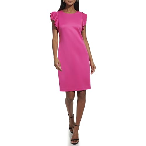 Image of Tommy Hilfiger Women's Sleeveless Ruffle Hem Jewel Neck Crepe Sheath Mini Dress