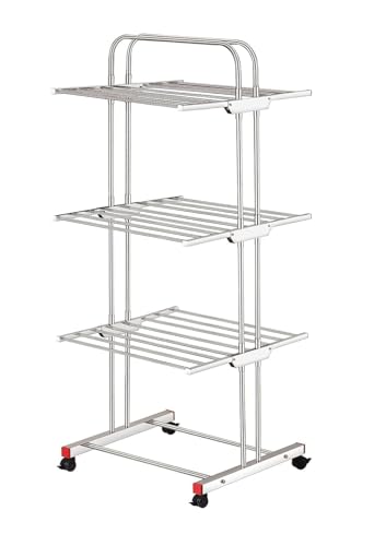 Image of Heavy Duty 304 Stainless Steel Foldable Cloth Dryer Stand | 3 Layer Movable Laundry Drying Rack for Indoor & Outdoor Use (Steel Mirror)