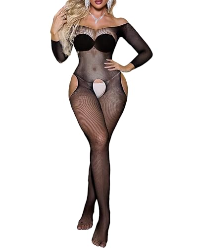 Leypafy Femmes Bas de Lingerie Bodystocking Rave Tenues Combinaison Résille Fishnet Bodys Nuisettes Collant Ouverte(QWST-Noir)