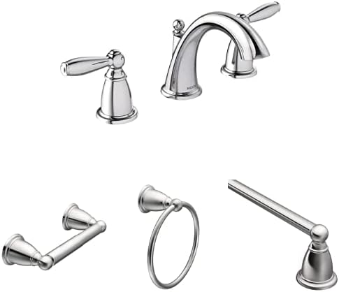 Moen Brantford Chrome Two-Handle 8 in. Widespread Bathroom Faucet Trim Kit, Valve Required, T6620 + Double Post Toilet Paper Holder + Single Post Bathroom Hand -Towel Ring + 18-Inch Single -Towel Bar