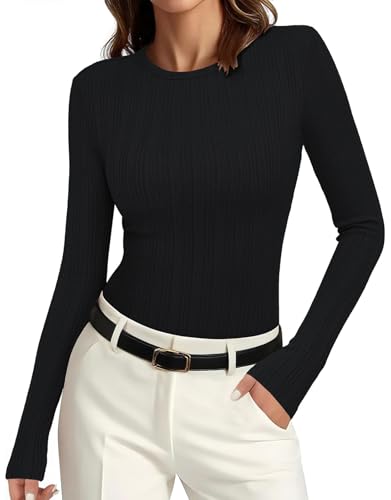 PRETTYGARDEN Crew Neck Long Sleeve Cute Going Out Tops for Women 2025 Casual Basic Slim Fit Womens Pullover Shirts