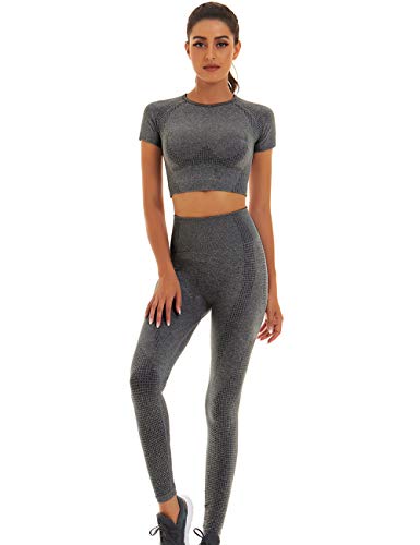 Toplook Women Seamless Workout Outfits Yoga 2 Piece Set Legging Short Sleeve Top (Dark Gray, Medium)