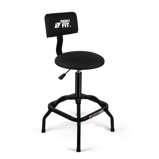 FreekyFit Shop Stool with Backrest, Mechanic Garage Stool for Workshop, Adjustable Shop Stools Chair, Padded Workbench Stools for Men Women, 300 LBS Capacity, 360° Swivel PVC Seat, Heavy Duty, Black