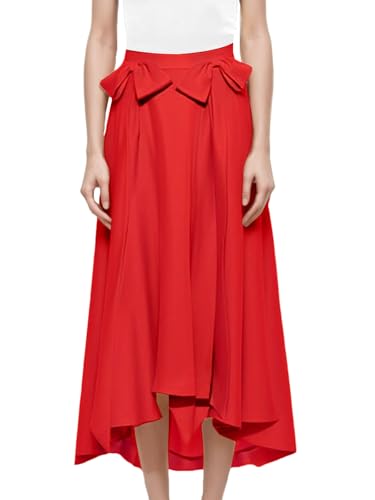 Women's High - Low Midi Skirt with Bow Detailing - Elegant Satin Flared Skirt3