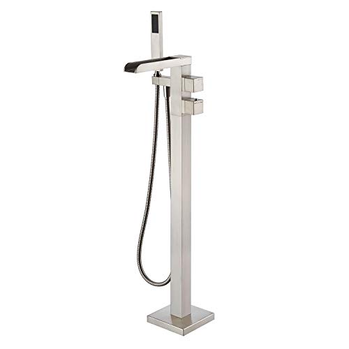 Wowkk Thermostatic Freestanding Bathtub Faucet Waterfall Tub Filler Brushed Nickel Floor Mount Brass Bathroom Faucets with Hand Shower