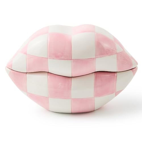 MACKENZIE-CHILDS Ceramic Kiss Me Box, Decorative Storage Box for Home Use, Pink-and-White Rosy Lips