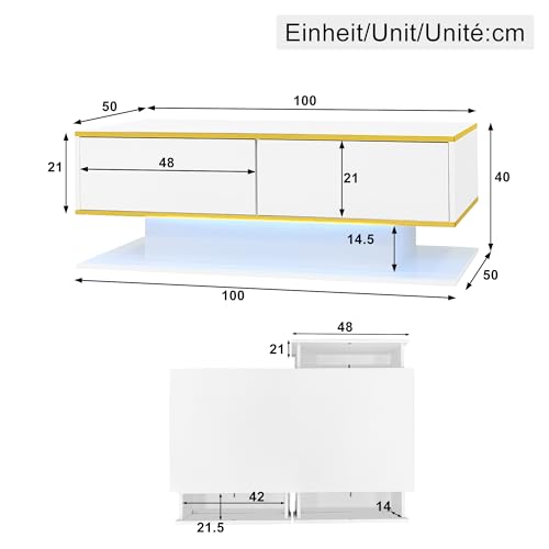 Aunvla Moderner LED-Couchtisch mit Hochglanz, 100 cm lang, Goldverzierung, 3 Schubladen & USB-LED-Lichtstreifen (Adapter/Powerbank erforderlich) – Bild 3
