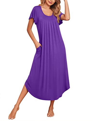 Image of Ekouaer Long Nightgowns for Women with Pockets Short Sleeves Moo Moos for Women Casual Maxi Dress House Dresses S-XXXL