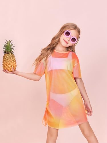 Image of Batermoon Girls Mesh Swim Cover Up Kids Summer Tie Dye Hollow Out Beach Coverup with Drawstring 5-14 Years