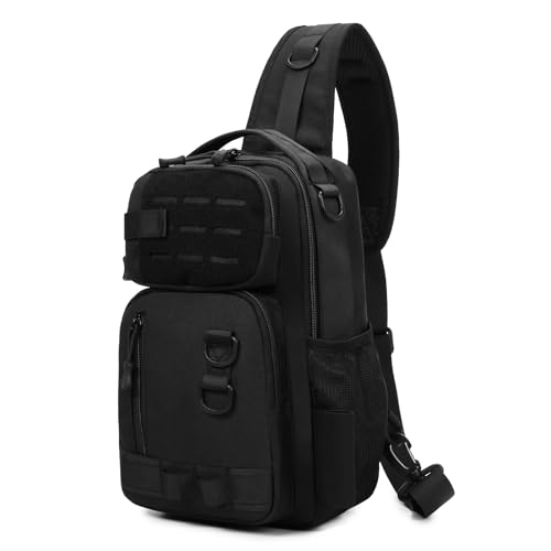 CamGo Small Tactical Sling Bag One Strap Crossbody Fishing Shoulder Pack Molle Backpack for Sport Daily (#02-Black)