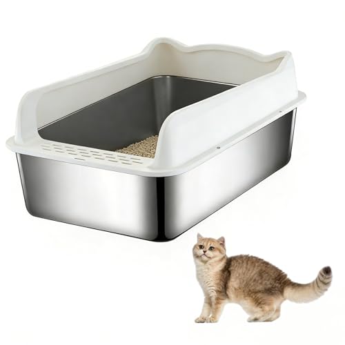 ORCHID MStainless Steel Cat Litter BoxMetal Kitty Litter Box with High Wall Sides Enclosure for Big and Small Cats Odor Control Easy Clean Non-Sticky Anti-Leakage(white