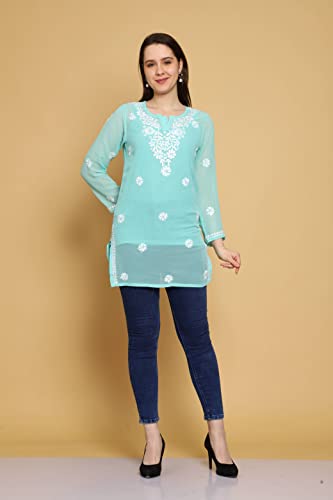 Image of Ada Women's & Girl's Georgette Hand Embroidered Lucknow Chikankari Regular Fit Short Kurti Top with Slip A911300