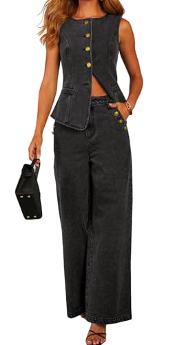 loveimgs Women 2 Piece Denim Set Button Sleeveless Jean Vest Denim Top Y2k Shirt Wide Leg Jeans Palazzo Pants Outfits (Medium, Black)